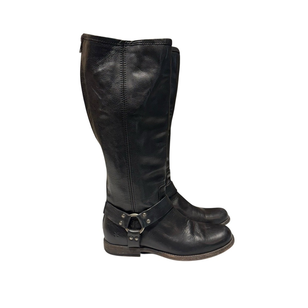Frye Philip Harness Tall Back Zip‎ Leather Boots Womens Sz 8 B Black Moto Riding